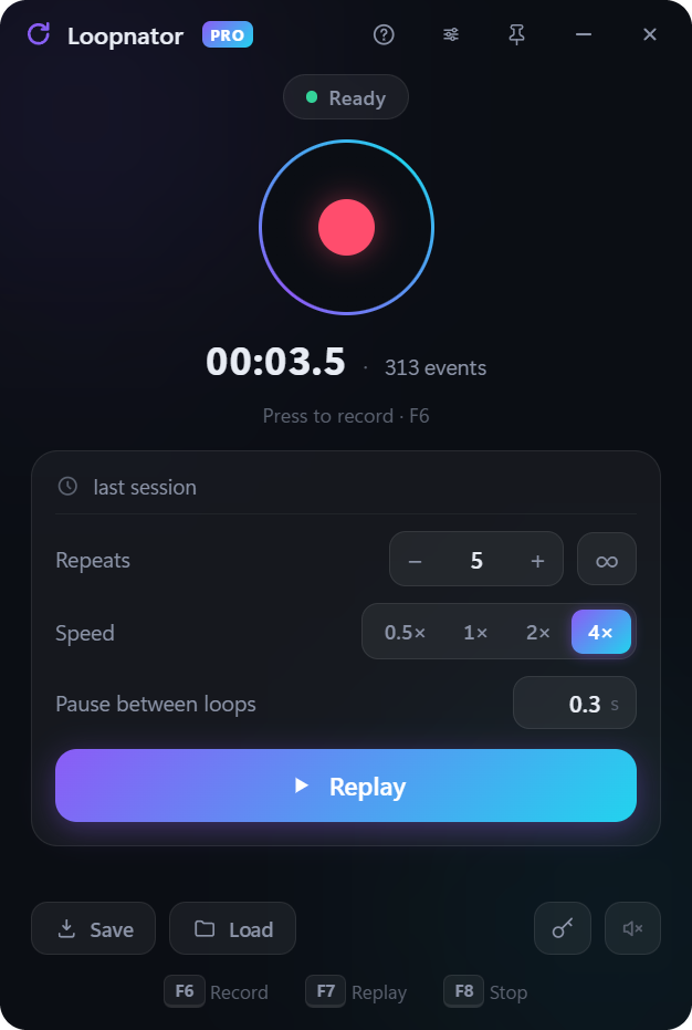 The Loopnator window: a round record button, a timer reading 00:03.3, a repeat counter, speed buttons and a Replay button