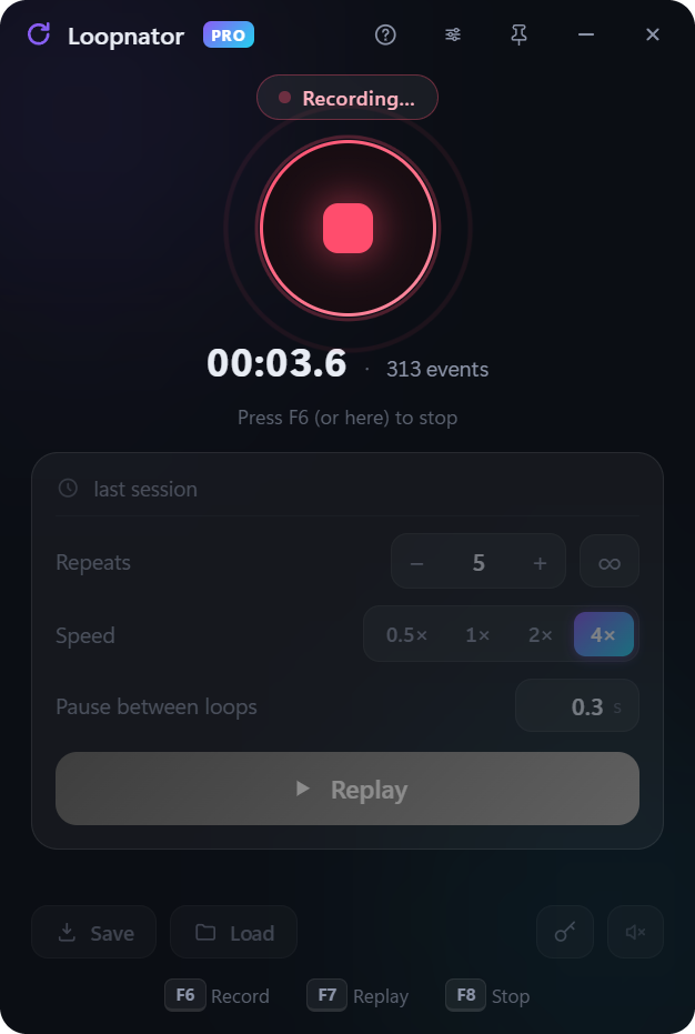 Loopnator while recording: a red pulsing stop button, a live timer and an event counter